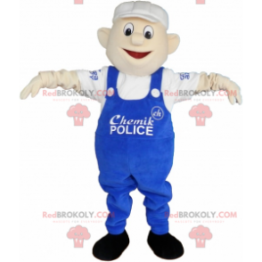 Maskotman med blå overaller och vit mössa - Redbrokoly.com