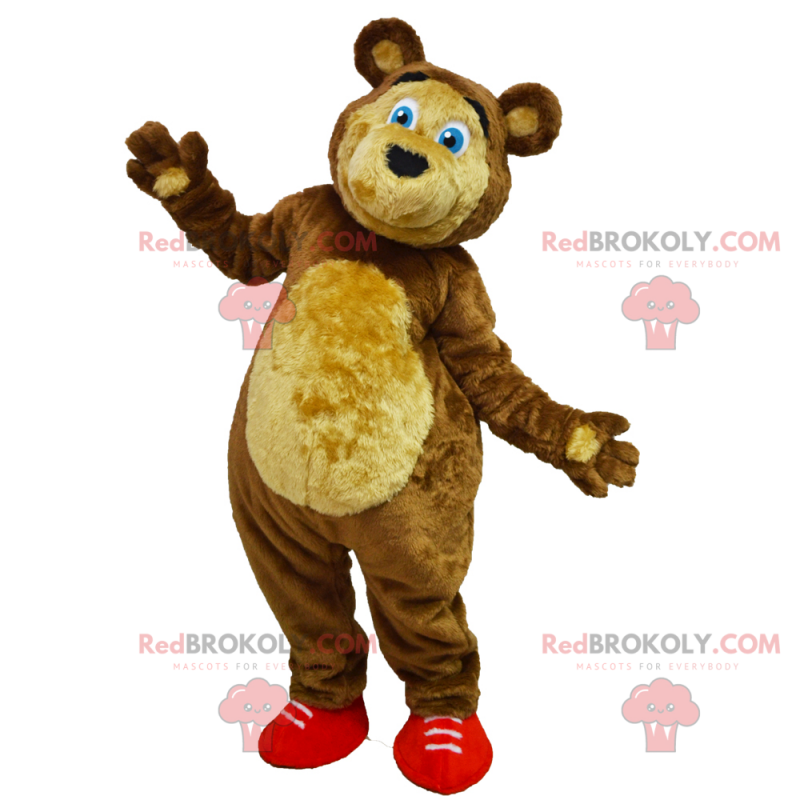 Mascotte d'ours aux yeux bleus et baskets rouges -