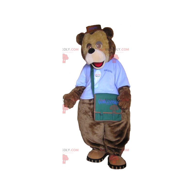 Bear maskot med antrekk og skulderveske - Redbrokoly.com