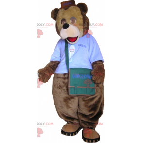 Mascote do urso com roupa e bolsa de ombro - Redbrokoly.com