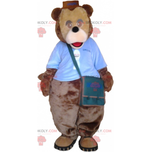 Mascotte d'ours avec tenue et sac en bandoulière -