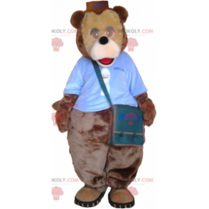 Mascote do urso com roupa e bolsa de ombro - Redbrokoly.com