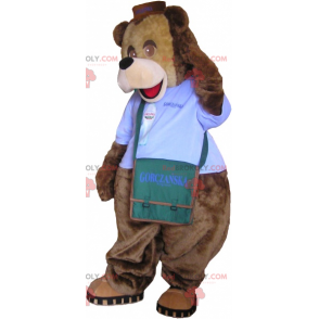 Mascote do urso com roupa e bolsa de ombro - Redbrokoly.com
