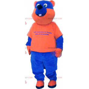 Zweifarbiges Bärenmaskottchen in Blau und Orange -