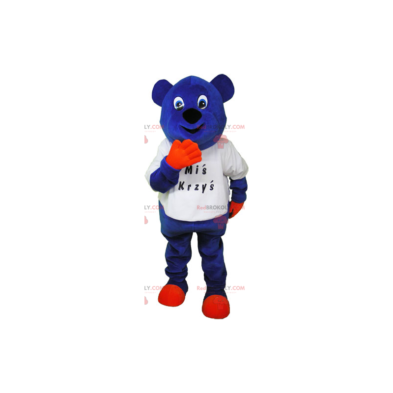 Blå bjørn maskot i t-skjorte - Redbrokoly.com