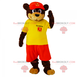 Brown and beige bear mascot outfit with supporter and cap -