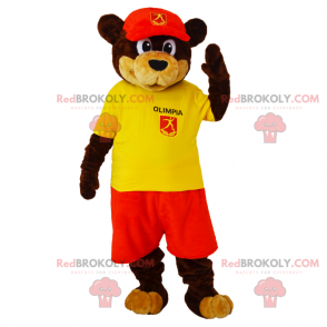 Mascotte d'ours marron et beige avec tenue de supporter et