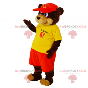 Brown and beige bear mascot outfit with supporter and cap -