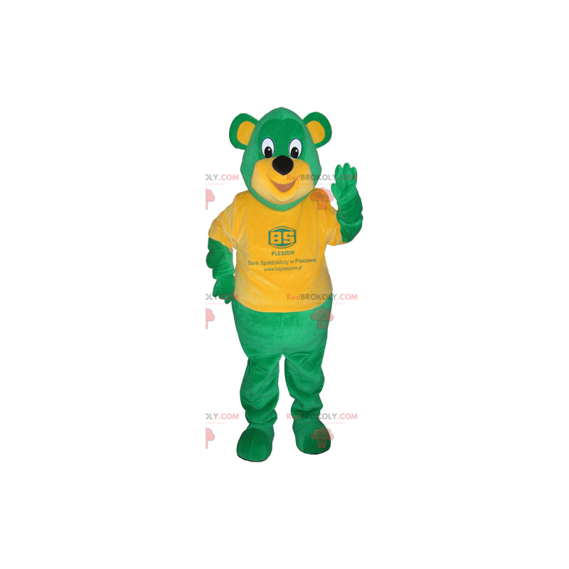 Mascote do urso verde com camiseta laranja - Redbrokoly.com