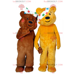 Teddy bear mascot duo with polka dot headband in the right eye