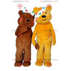 Teddybär-Maskottchen-Duo mit gepunktetem Stirnband im rechten
