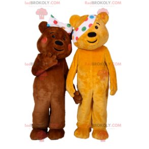 Teddy bear mascot duo with polka dot headband in the right eye