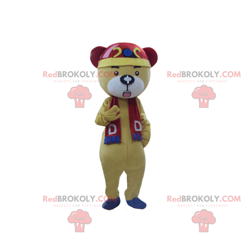 Bear mascotte met rode en blauwe sjaal - Redbrokoly.com