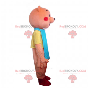 Mascota oso rosa con traje completo y bufanda azul -