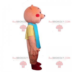 Mascote urso rosa com roupa completa e lenço azul -