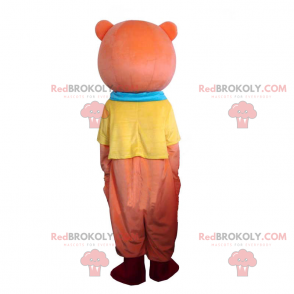 Rosa Bärenmaskottchen mit vollem Outfit und blauem Schal -