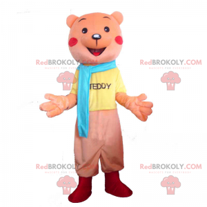 Mascotte orso rosa con vestito completo e sciarpa blu -