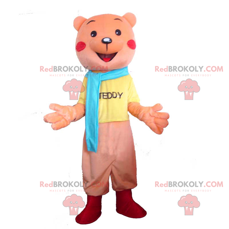 Mascota oso rosa con traje completo y bufanda azul -