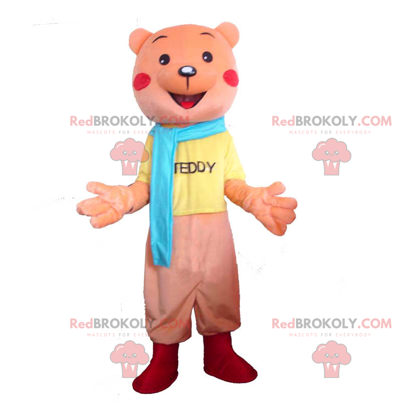 Mascotte roze beer met volledige outfit en blauwe sjaal - Mascotte roze beer met volledige outfit en blauwe sjaal -