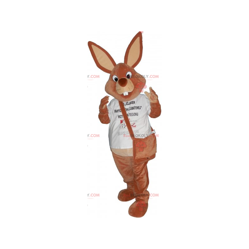 Mascotte lapin marron avec son sac en bandoulière -