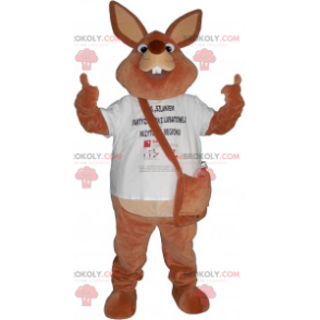 Mascotte lapin marron avec son sac en bandoulière -