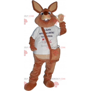 Mascote coelho marrom com sua bolsa de ombro - Redbrokoly.com