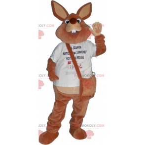 Mascotte coniglio marrone con la sua borsa a tracolla -