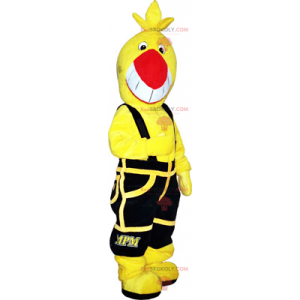 Mascote pássaro amarelo com macacão preto - Redbrokoly.com