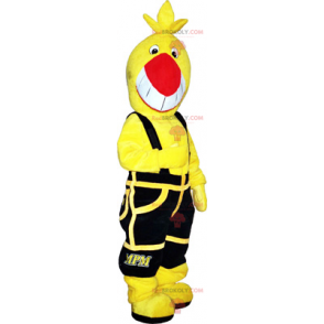 Gelbes Vogelmaskottchen mit schwarzen Overalls - Redbrokoly.com