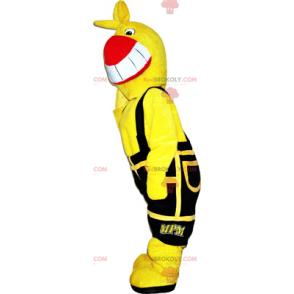 Gelbes Vogelmaskottchen mit schwarzen Overalls - Redbrokoly.com