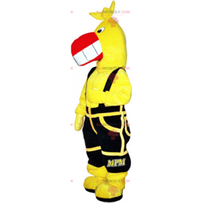 Yellow bird mascot with black overalls - Redbrokoly.com