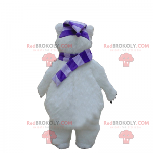 Maskot ledního medvěda s odpovídající šálou a kloboukem -