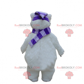 Mascote do urso polar com lenço e chapéu combinando -