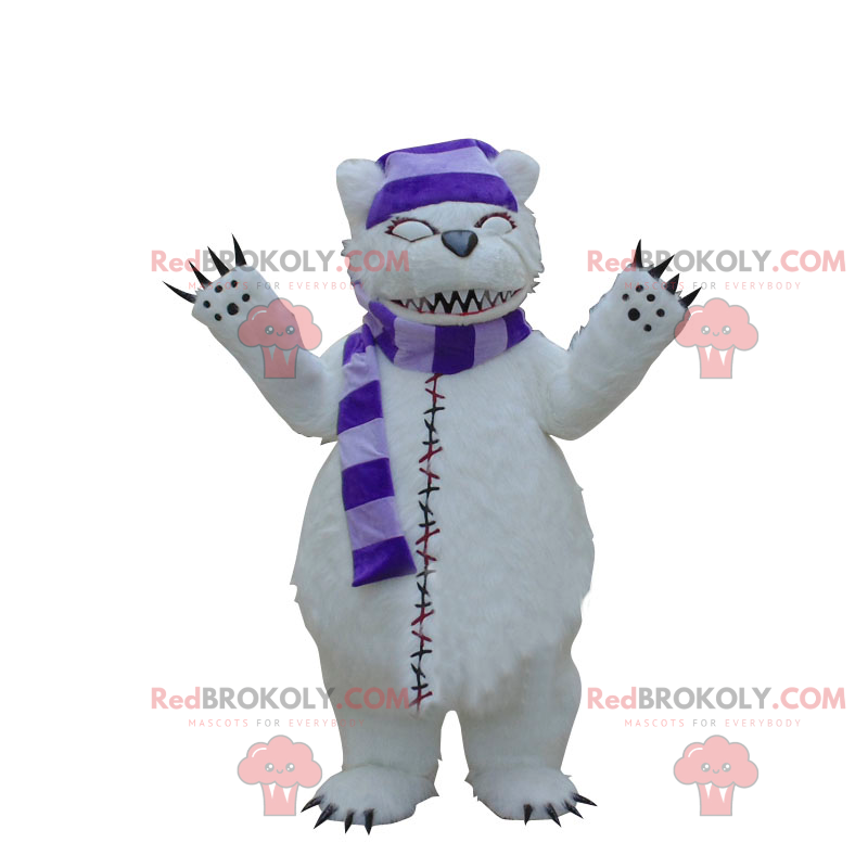 Mascote do urso polar com lenço e chapéu combinando -