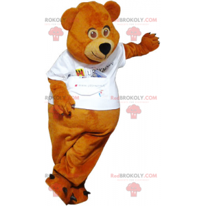 Lille bjørnemaskot med sin hvide t-shirt - Redbrokoly.com