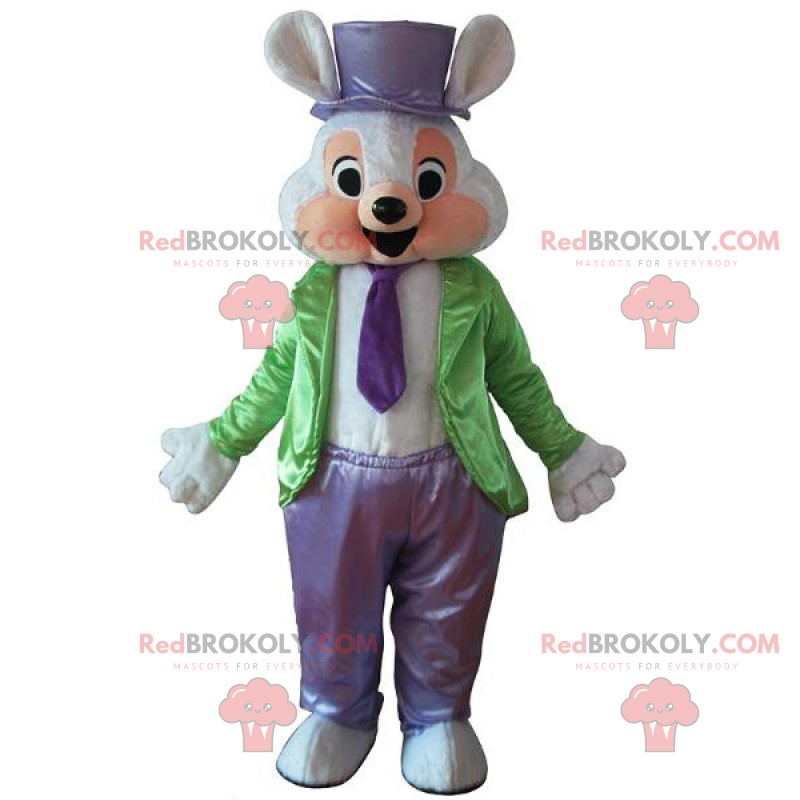 Mascotte souris en tenue de magicien vert et violet -