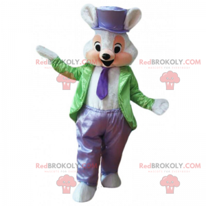 Mascotte souris en tenue de magicien vert et violet -
