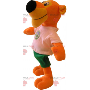 Mascote tigre laranja com camiseta e shorts - Redbrokoly.com