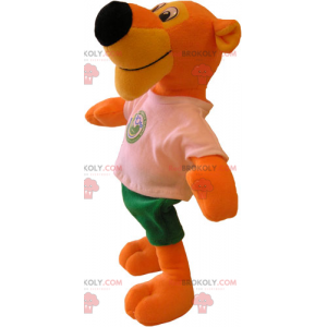 Mascotte tigre arancione con t-shirt e pantaloncini -