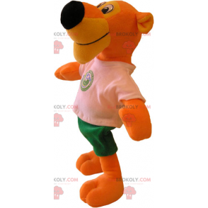 Mascote tigre laranja com camiseta e shorts - Redbrokoly.com