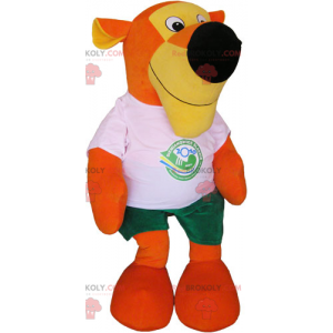 Mascote tigre laranja com camiseta e shorts - Redbrokoly.com