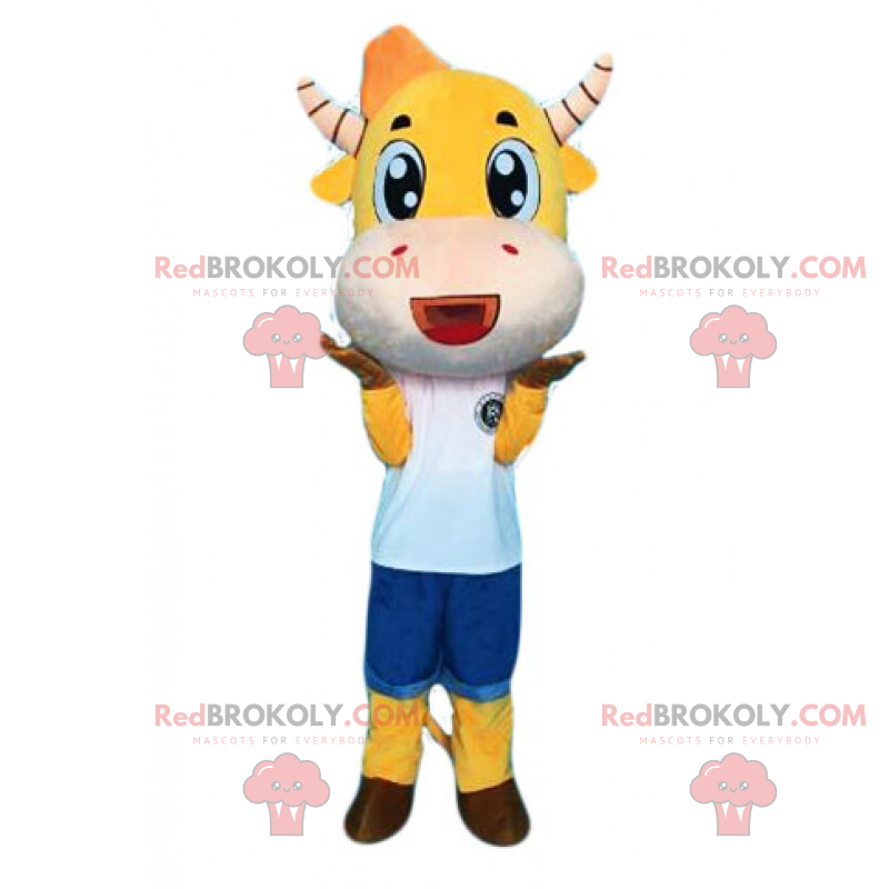 Mascotte gialla della mucca e corna a strisce - Redbrokoly.com