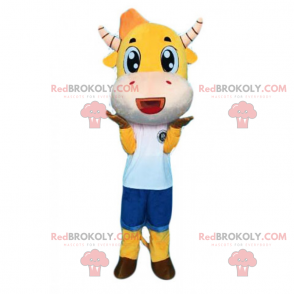 Mascota de vaca amarilla y cuernos rayados - Redbrokoly.com