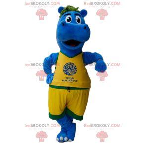 Mascote hipopótamo azul em roupas esportivas