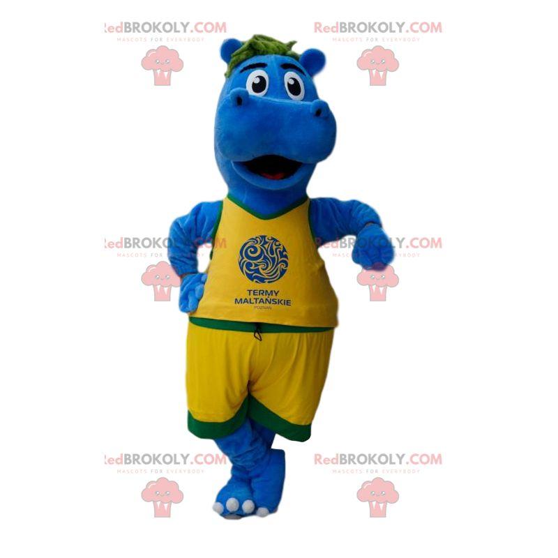 Mascote hipopótamo azul em roupas esportivas