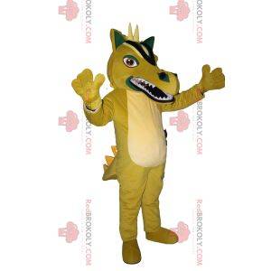Mascote dragão amarelo descontente com chifres brancos