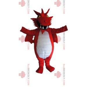 Mascotte drago rosso e bianco con ammalianti occhi gialli