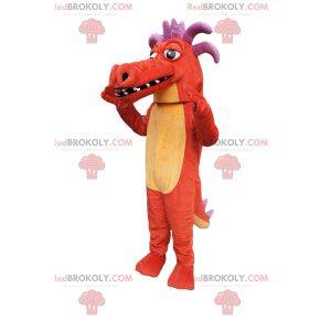 Mascotte de dragon orange, avec des cornes violettes!