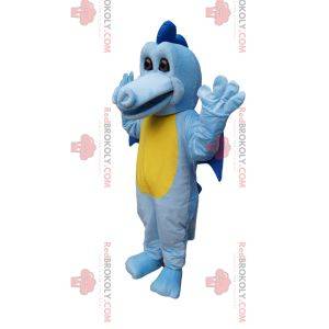 Mascota dragón azul y amarillo con alas pequeñas