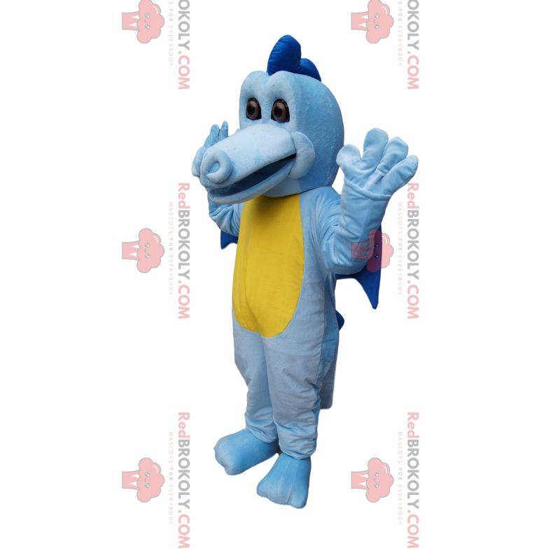Mascote dragão azul e amarelo com asas pequenas